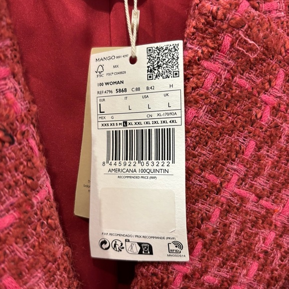NWT Mango Fuchsia Tweed Blazer Large - Picture 6 of 11